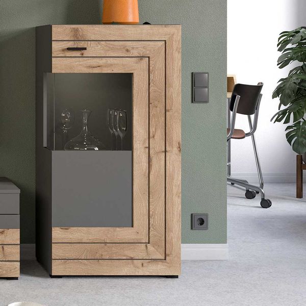 Wohnzimmer Schrank mit Glastür Wildeichefarben und Grau günstig online kaufen