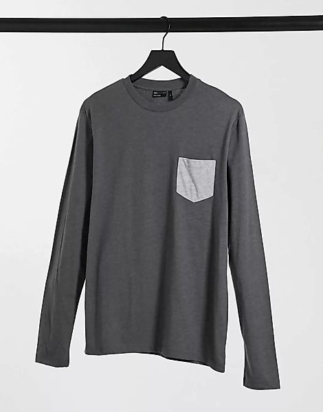 ASOS DESIGN – Langarmhemd mit farblich abgesetzter Tasche-Grau günstig online kaufen