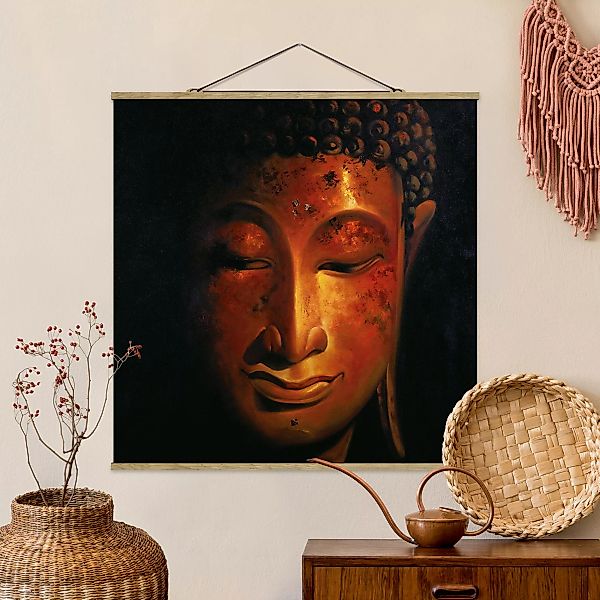 Stoffbild Buddha mit Posterleisten - Quadrat Madras Buddha günstig online kaufen