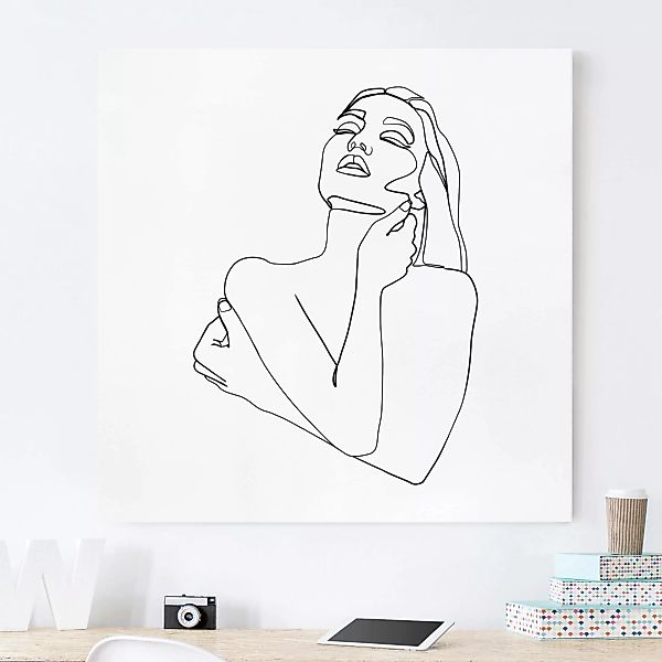 Leinwandbild Portrait - Quadrat Line Art Frau Oberkörper Schwarz Weiß günstig online kaufen