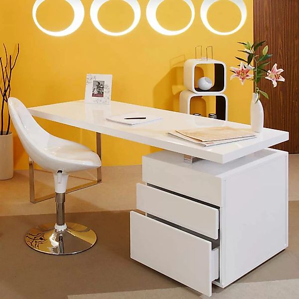 Hochglanz Schreibtisch in Weiß drei Schubladen günstig online kaufen