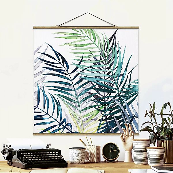 Stoffbild Blumen mit Posterleisten - Quadrat Exotisches Blattwerk - Palme günstig online kaufen