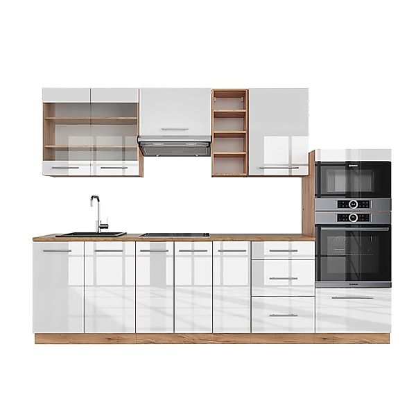 Vicco Fame-Line Küchenzeile Weiß Hochglanz/Goldkraft Eiche 280 cm AP Eiche günstig online kaufen