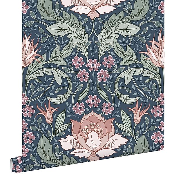 ESTAhome Tapete Blumenmuster im Jugendstil Blau Grün und Terrakottarosa 50 günstig online kaufen