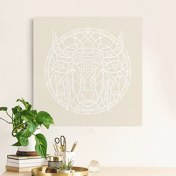 Leinwandbild auf Naturcanvas Weiße Linien - Mandala mit Stier günstig online kaufen