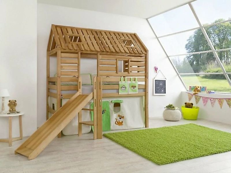 Natur24 Einzelbett Halbhohes Spielbett Elyas Buche Natur 90x200 cm mit Ruts günstig online kaufen