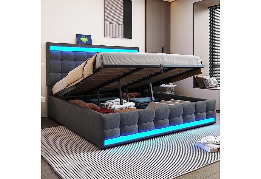 Flieks Polsterbett, LED Doppelbett Stauraumbett 2 USB-Anschluss 180x200cm L günstig online kaufen