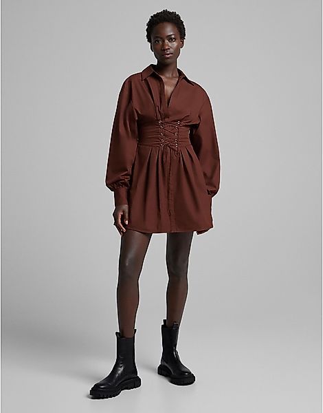 Bershka – Kleid in Schokoladenbraun mit Korsettdetail und Schnürung günstig online kaufen