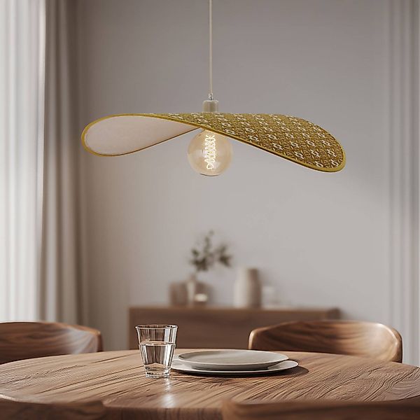 Lindby Hängeleuchte Tulio, gelb gemustert, Stoff, Ø 50 cm günstig online kaufen