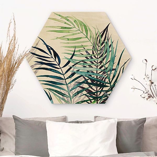 Hexagon-Holzbild Blumen Exotisches Blattwerk - Palme günstig online kaufen