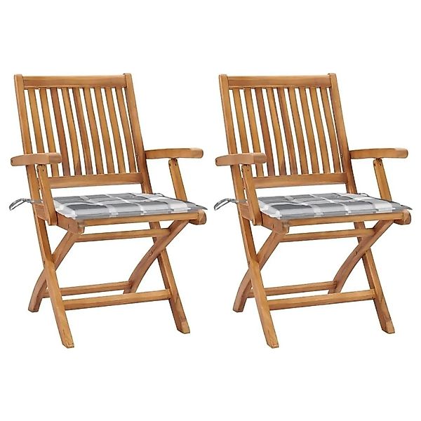 vidaXL Gartenstühle 2 Stk Graue Karomuster-Kissen Massivholz Teak 3062420 günstig online kaufen