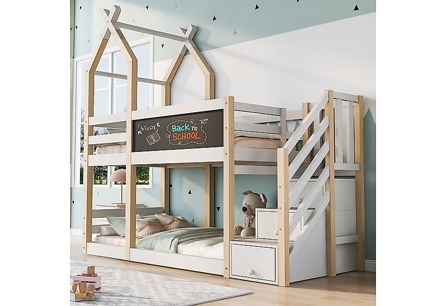 Flieks Etagenbett, Hochbett Hausbett Treppe mit 3 Schubladen Kiefer 90x200c günstig online kaufen