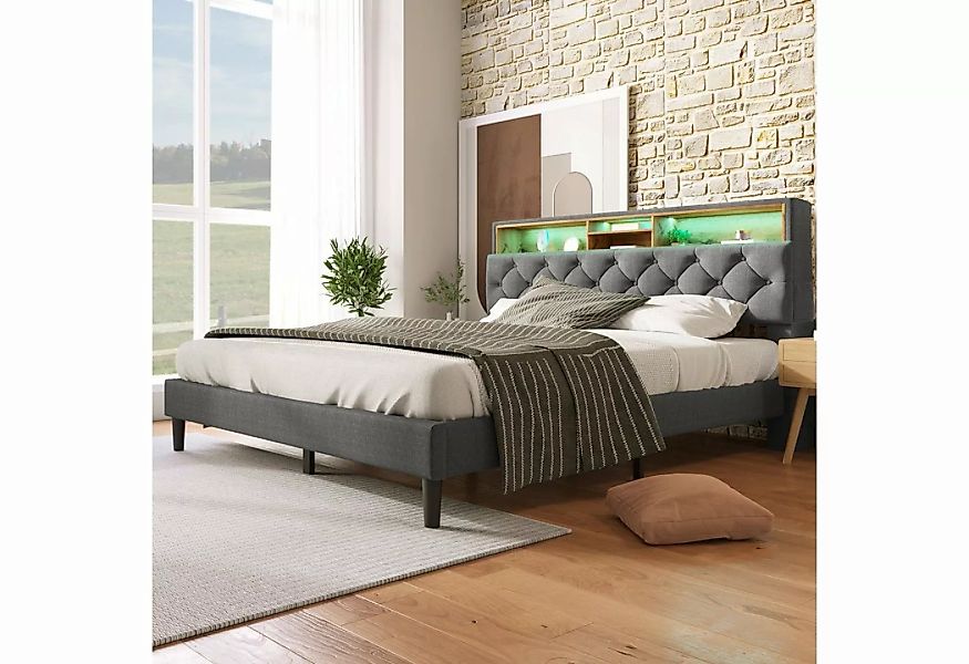 Celya Polsterbett 140*200CM Doppelbett, Stauraum-Kopfteil Bett mit LED-Bele günstig online kaufen