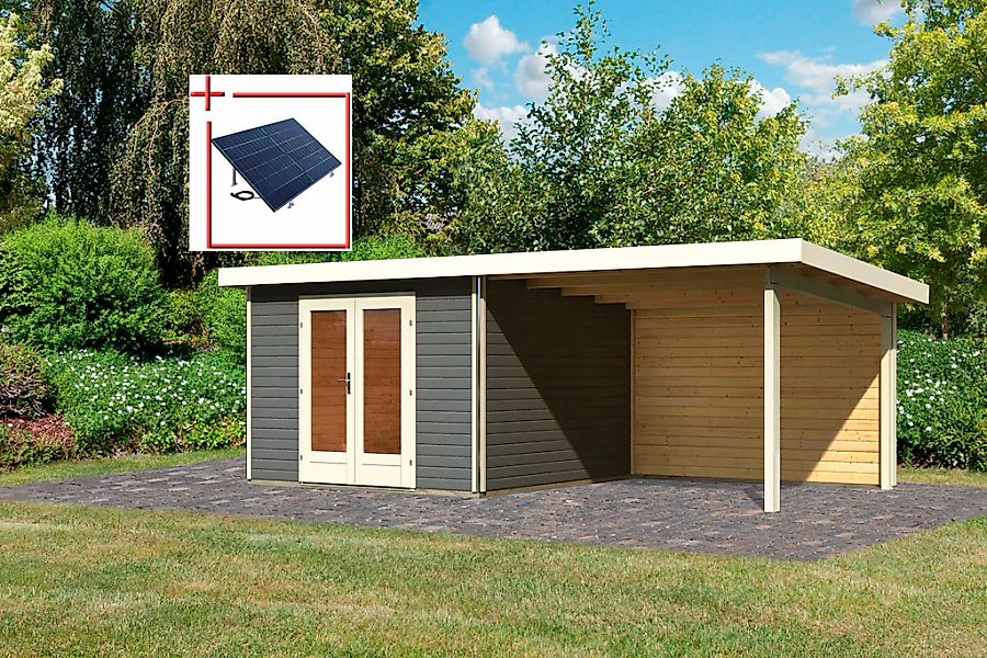 KONIFERA Gartenhaus "Rabensee 1", mit Anbaudach 3,30 m, Rückwand, terragrau günstig online kaufen