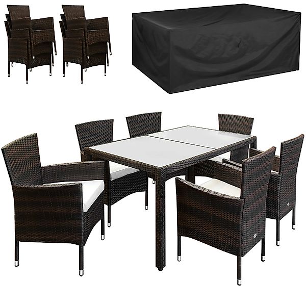 Polyrattan Garten-Sitzgruppe 7-tlg Braun/Creme + Abdeckplane günstig online kaufen