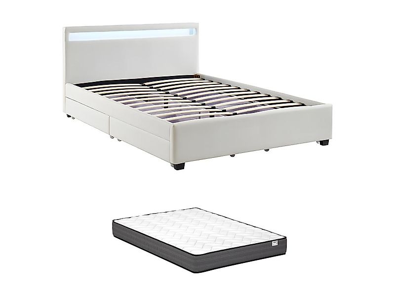 Bett mit Stauraum & LED-Beleuchtung - Kunstleder - 160 x 200 cm - Weiß + Ma günstig online kaufen