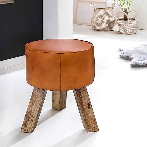 Sitzhocker in Braun Leder Holzbeine günstig online kaufen