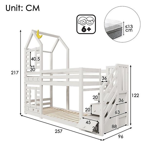 Flieks Etagenbett, Kinderbett Hausbett mit Stauraum unter der Treppe 90x200 günstig online kaufen