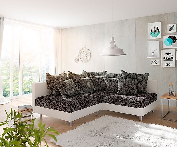 DELIFE Ecksofa Clovis, Weiss Schwarz Ottomane günstig online kaufen