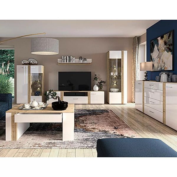 Wohnwand-Set in Eiche Nb. AKRON-131 modern mit Fronten in Hochglanz weiß 6- günstig online kaufen