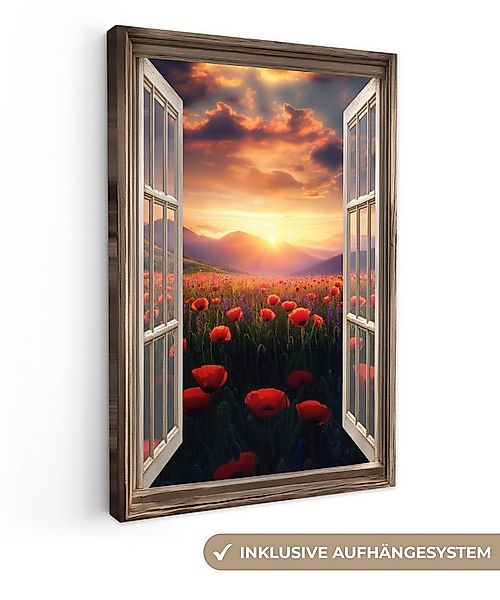 OneMillionCanvasses® Leinwandbild Fensterblick - Fenster - Mohnblumen - Blu günstig online kaufen