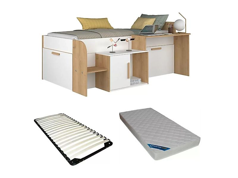 Kombi-Bett 90 x 200 cm - Mit Schreibtisch & Stauraum - Weiß & Holzfarben + günstig online kaufen