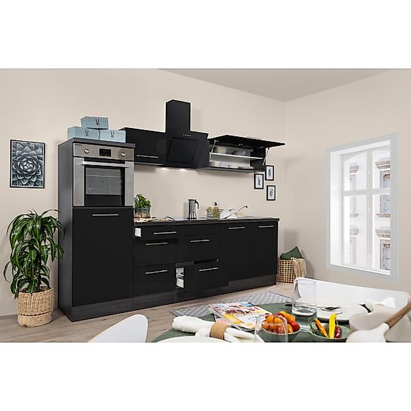 Respekta Premium Küchenzeile 270 cm Hochbau Schwarz Hochglanz-Eiche Grau günstig online kaufen