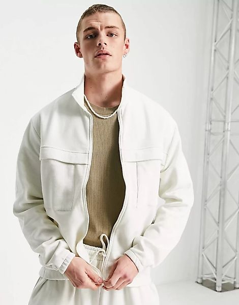 ASOS DESIGN – Elegante Oversize-Trainingsjacke in gebrochenem Weiß, Kombite günstig online kaufen