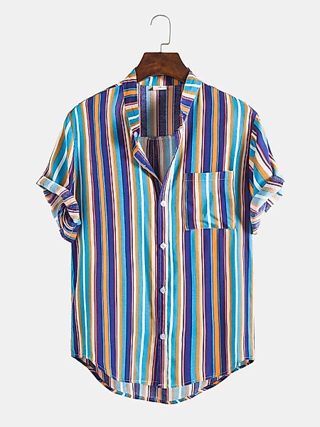 Herren Multi Color Striped Curved Hem Brusttasche Design Shirts günstig online kaufen