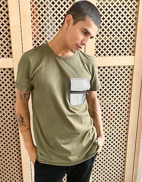 Sixth June – Cargo-T-Shirt in Khaki mit reflektierendem Design-Grün günstig online kaufen