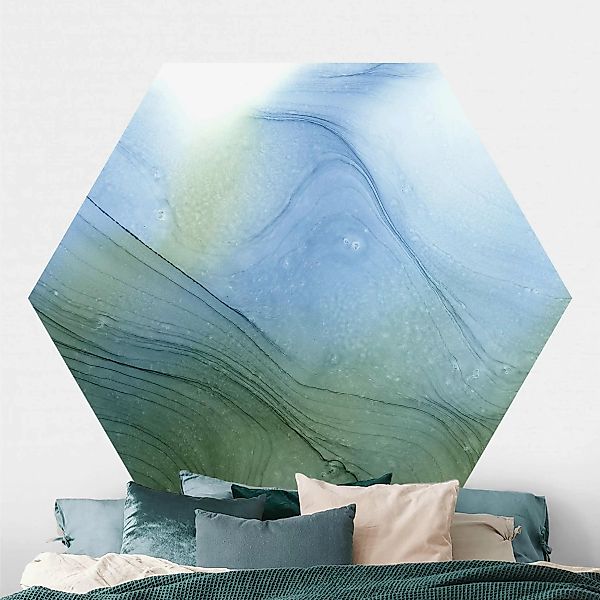 Hexagon Fototapete selbstklebend Meliertes Moosgrün mit Blau günstig online kaufen