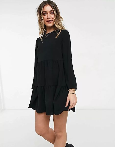 ASOS DESIGN – Langärmliges, gestuftes Minikleid in Schwarz günstig online kaufen