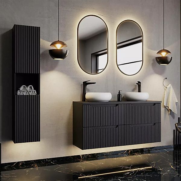 Badmöbel Set 4-teilig, 120cm Doppelwaschtisch, schwarz mit gerillter Front günstig online kaufen