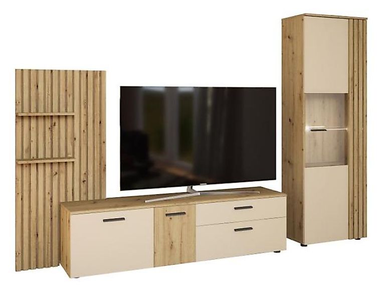 Anbauwand  3-tlg. inkl. Beleuchtung Sandgrau / Marvella OAK günstig online kaufen