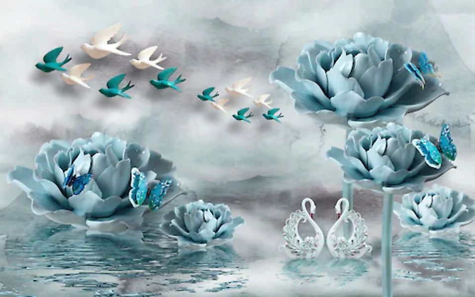 Papermoon Fototapete »Blumen mit Vögeln weiß blau« günstig online kaufen