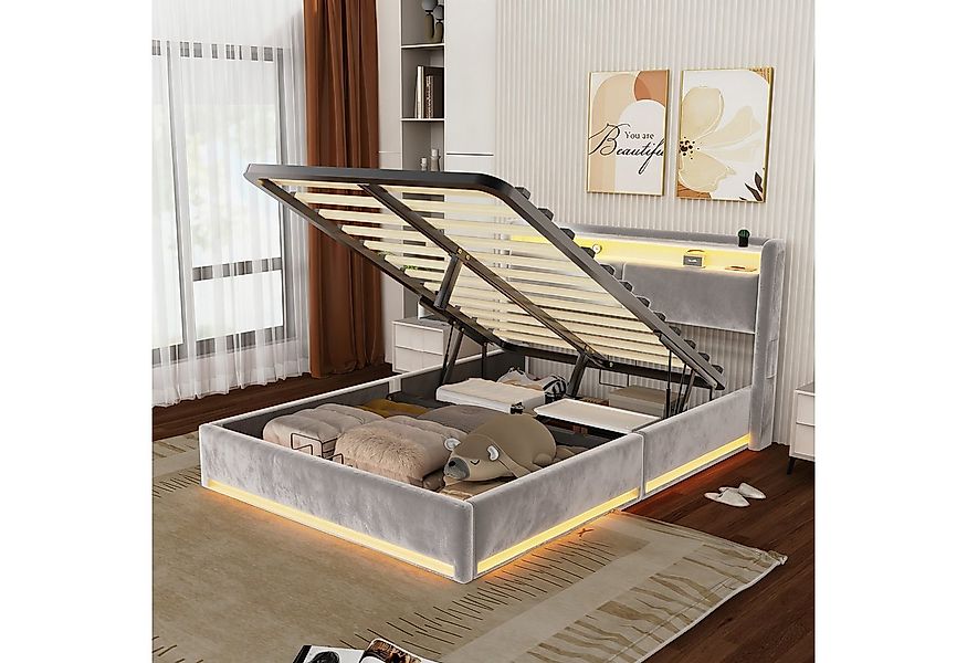 oyajia Polsterbett LED Doppelbett 140x200cm, Stauraumbett mit Kopfteil, Sam günstig online kaufen