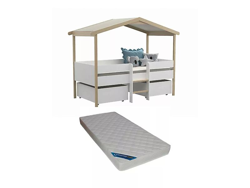 Kinderbett Hausbett mit Schubladen + Matratze - Lindenholz - 90 x 190 cm - günstig online kaufen