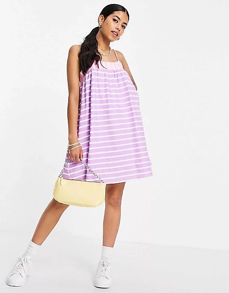 ASOS DESIGN ‑ Mini-Sommerkleid mit Raffung und Streifen in Lila und Rosa-Me günstig online kaufen