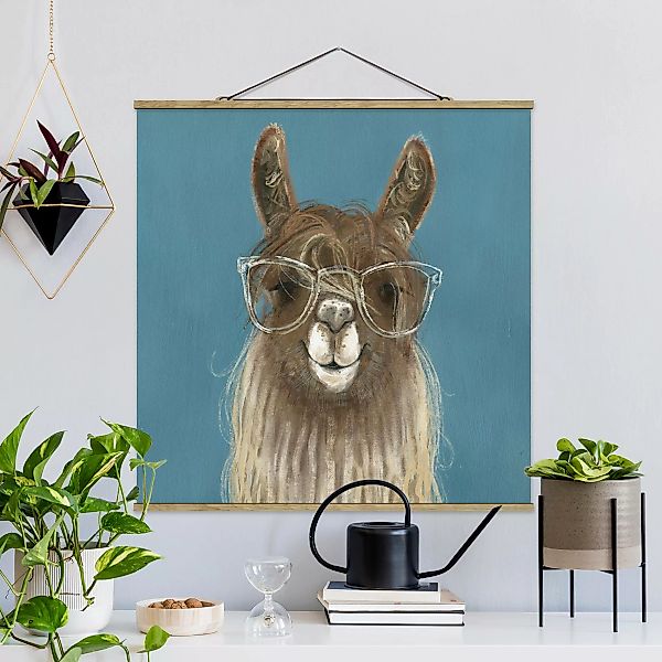 Stoffbild Tiere mit Posterleisten - Quadrat Lama mit Brille III günstig online kaufen