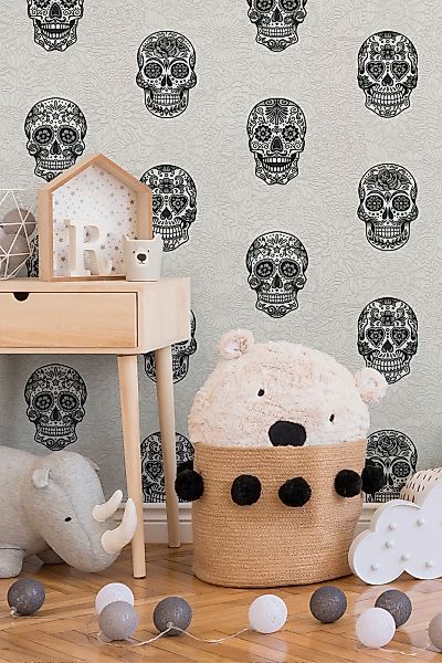 Bricoflor Totenkopf Tapete Schwarz Weiß Moderne Tropical Vliestapete Ideal günstig online kaufen