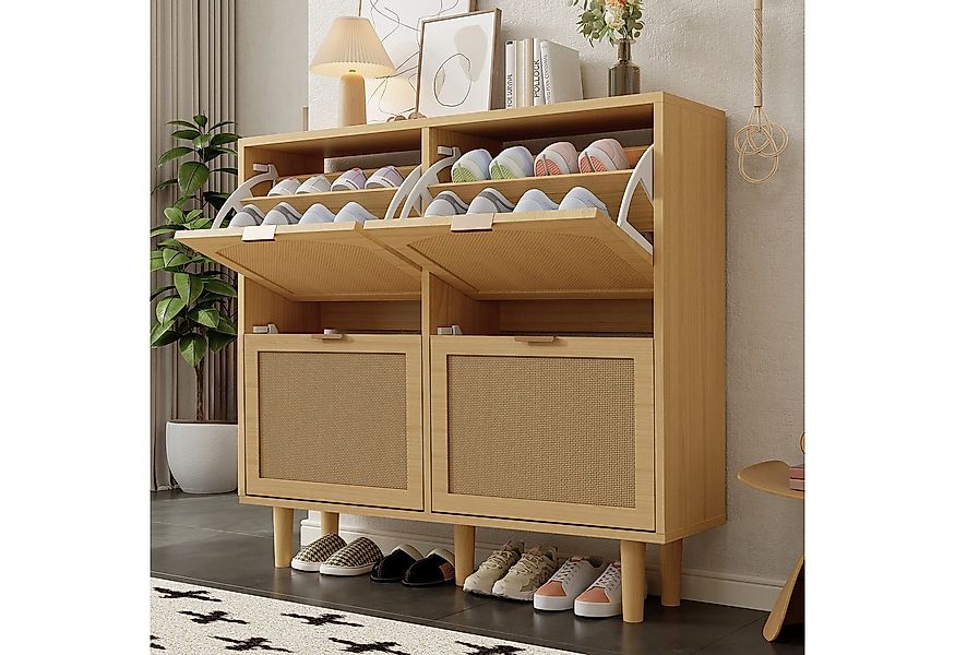 Flieks Schuhschrank mit 4 Rattan-Klappen und Metallgriffen (B100/T25/H90,3 günstig online kaufen
