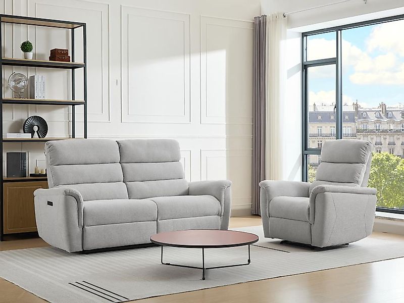 Relaxsofa 3-Sitzer & Relaxsessel elektrisch - Stoff - Hellgrau - CARTASIA günstig online kaufen