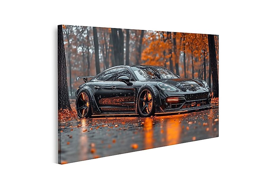 islandburner Leinwandbild, Schwarzes Sportauto im herbstlichen Wald günstig online kaufen