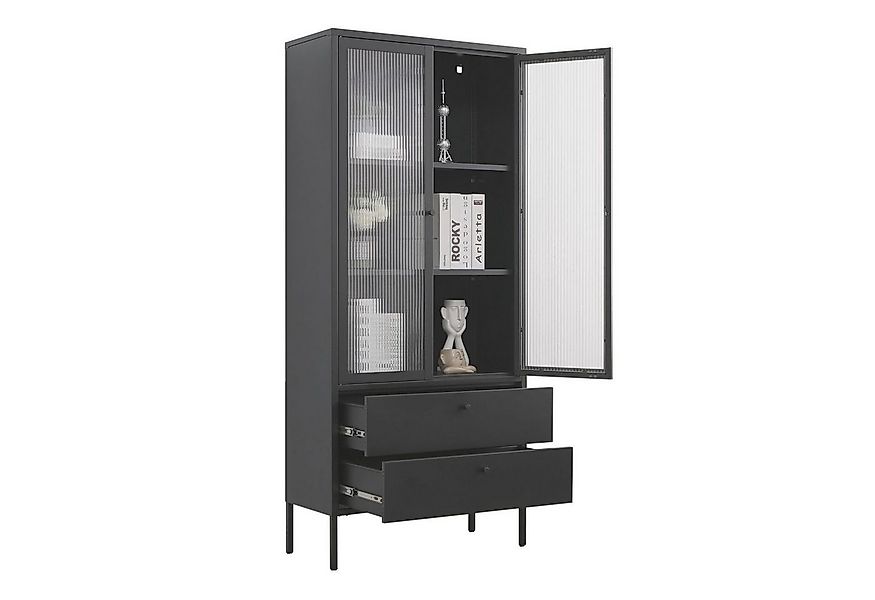Mein-Regal Standvitrine PARIS Schwarz, Vitrine Metall Glastüren Schubladen günstig online kaufen