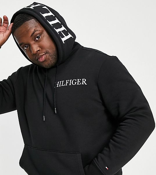 Tommy Hilfiger Big & Tall – Kapuzenpullover in Schwarz mit Logo auf der Bru günstig online kaufen