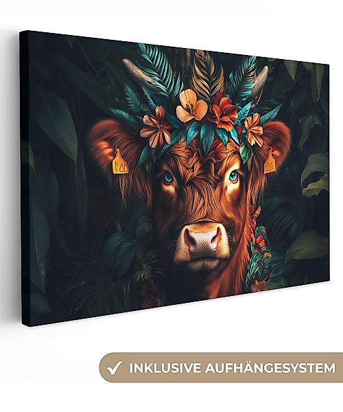 OneMillionCanvasses® Leinwandbild Schottischer Highlander - Blumen günstig online kaufen