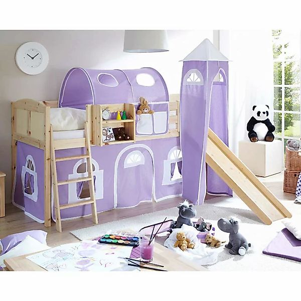 Kinderhochbett mit Turm, Tunnel und Vorhang Lila und Weiß günstig online kaufen