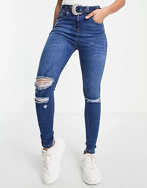Parisian – Eng geschnittene Jeans mit Gürtel in Mittelblau günstig online kaufen
