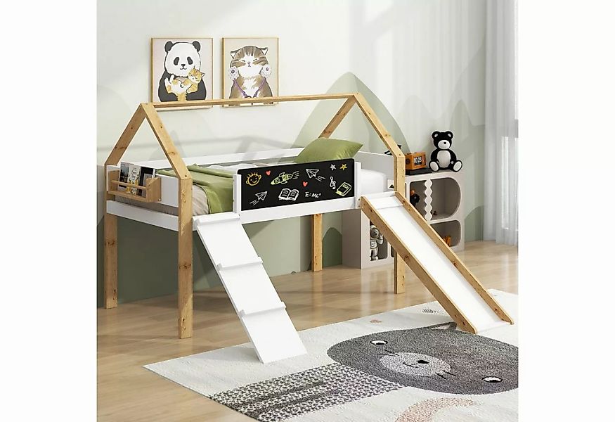 SOFTWEARY Hochbett mit Lattenrost und Rutsche (90x200 cm) Kinderbett mit Ra günstig online kaufen
