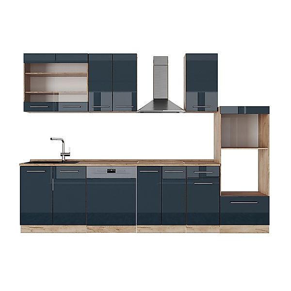 Vicco Fame-Line Küchenschränke Dunkelblau Hochglanz/Goldkraft Eiche 300 cm günstig online kaufen